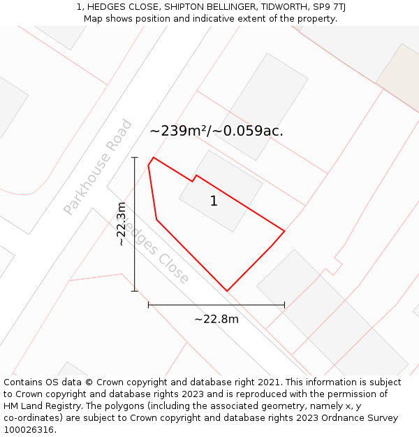 1, HEDGES CLOSE, SHIPTON BELLINGER, TIDWORTH, SP9 7TJ: Plot and title map
