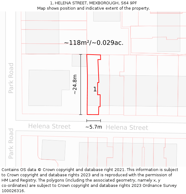 1, HELENA STREET, MEXBOROUGH, S64 9PF: Plot and title map