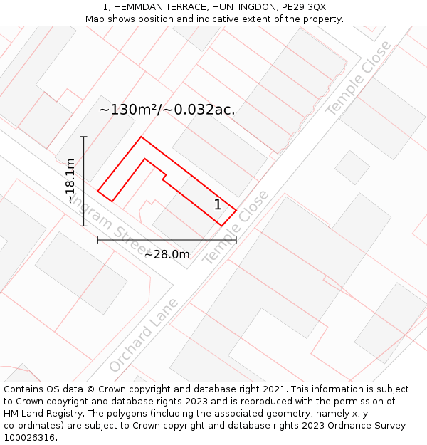 1, HEMMDAN TERRACE, HUNTINGDON, PE29 3QX: Plot and title map