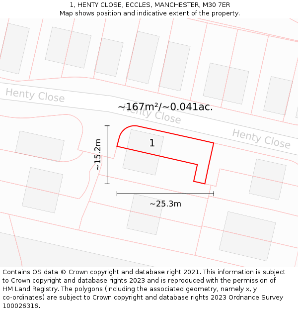 1, HENTY CLOSE, ECCLES, MANCHESTER, M30 7ER: Plot and title map