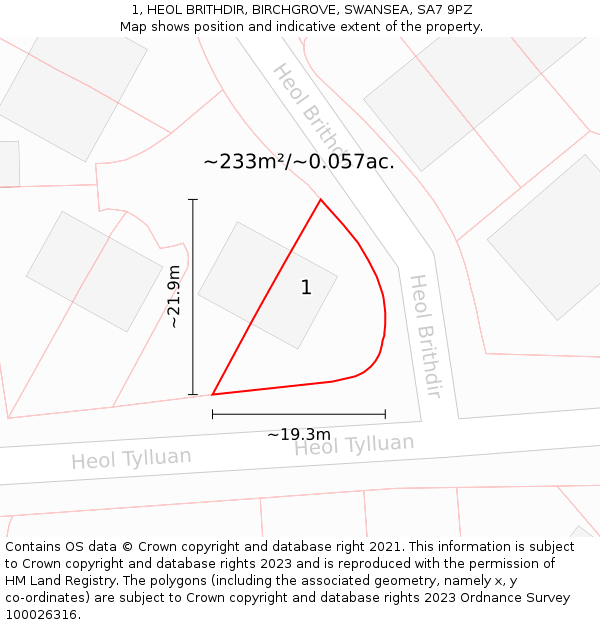 1, HEOL BRITHDIR, BIRCHGROVE, SWANSEA, SA7 9PZ: Plot and title map