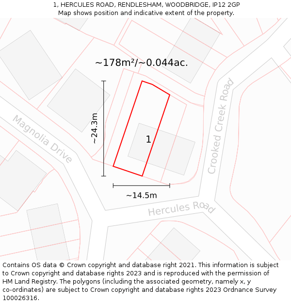 1, HERCULES ROAD, RENDLESHAM, WOODBRIDGE, IP12 2GP: Plot and title map