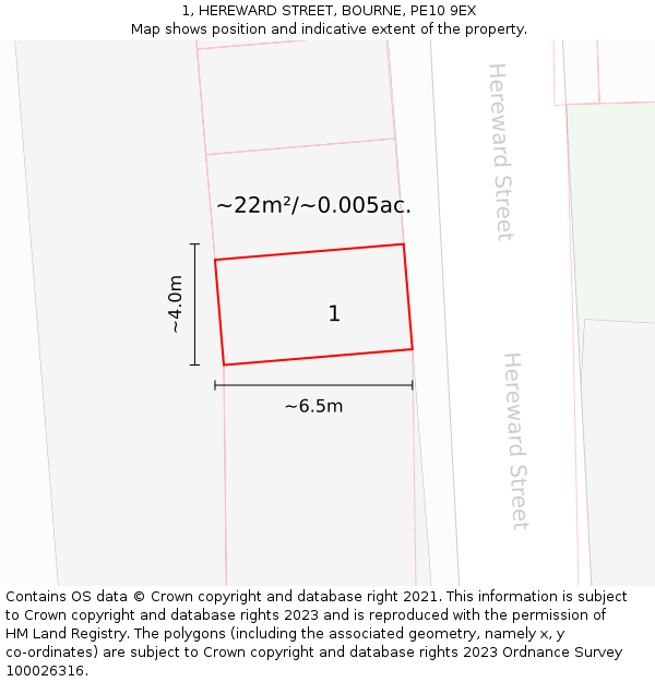 1, HEREWARD STREET, BOURNE, PE10 9EX: Plot and title map