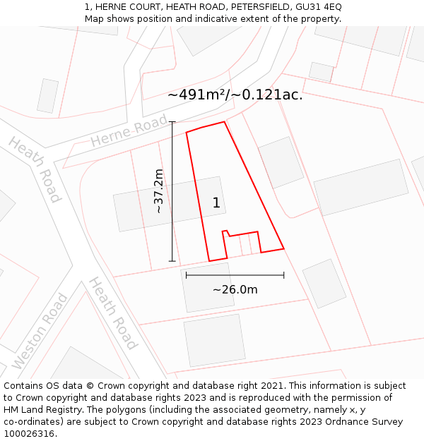 1, HERNE COURT, HEATH ROAD, PETERSFIELD, GU31 4EQ: Plot and title map