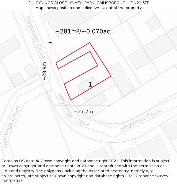 1, HEYNINGS CLOSE, KNAITH PARK, GAINSBOROUGH, DN21 5FB: Plot and title map