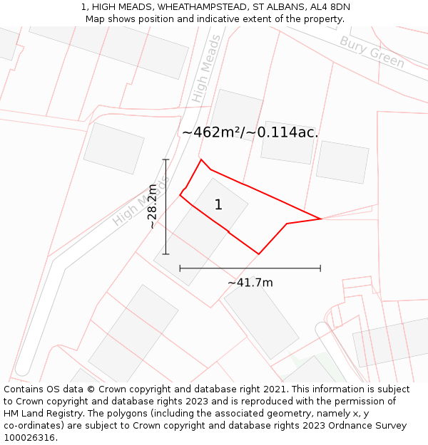 1, HIGH MEADS, WHEATHAMPSTEAD, ST ALBANS, AL4 8DN: Plot and title map