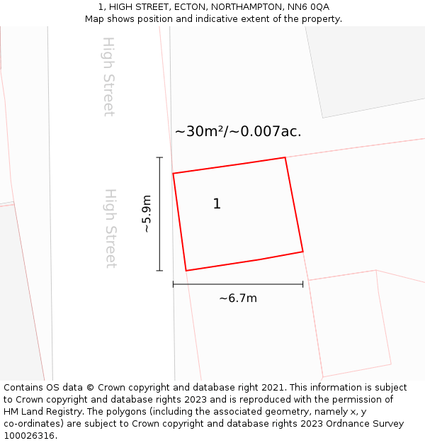 1, HIGH STREET, ECTON, NORTHAMPTON, NN6 0QA: Plot and title map