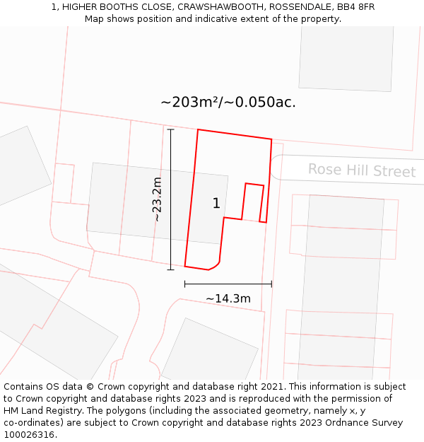 1, HIGHER BOOTHS CLOSE, CRAWSHAWBOOTH, ROSSENDALE, BB4 8FR: Plot and title map