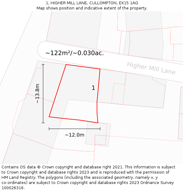 1, HIGHER MILL LANE, CULLOMPTON, EX15 1AG: Plot and title map