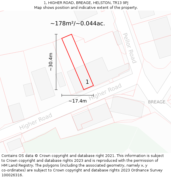 1, HIGHER ROAD, BREAGE, HELSTON, TR13 9PJ: Plot and title map