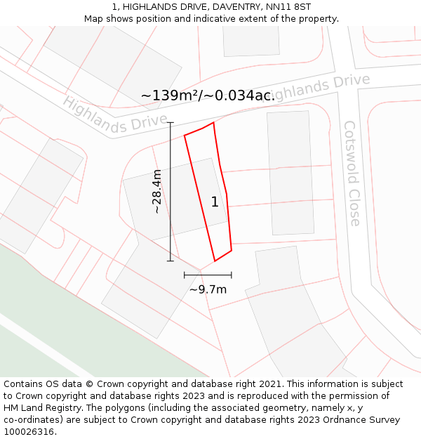 1, HIGHLANDS DRIVE, DAVENTRY, NN11 8ST: Plot and title map