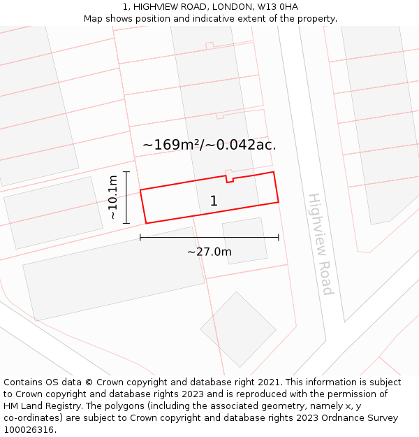 1, HIGHVIEW ROAD, LONDON, W13 0HA: Plot and title map