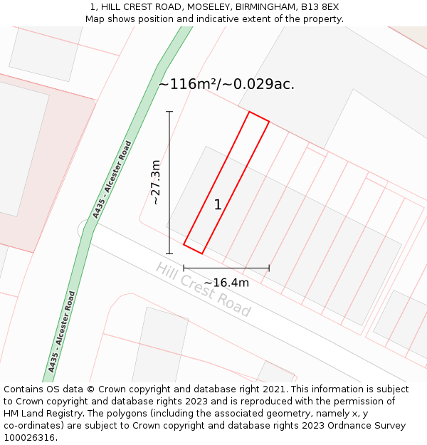 1, HILL CREST ROAD, MOSELEY, BIRMINGHAM, B13 8EX: Plot and title map