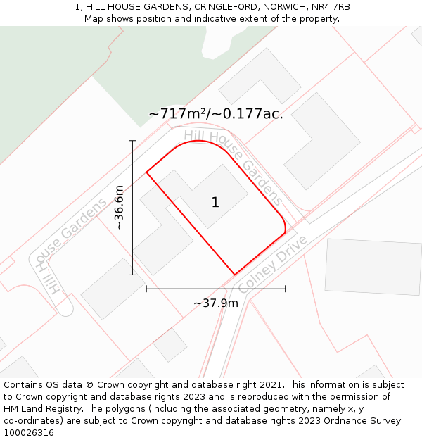1, HILL HOUSE GARDENS, CRINGLEFORD, NORWICH, NR4 7RB: Plot and title map