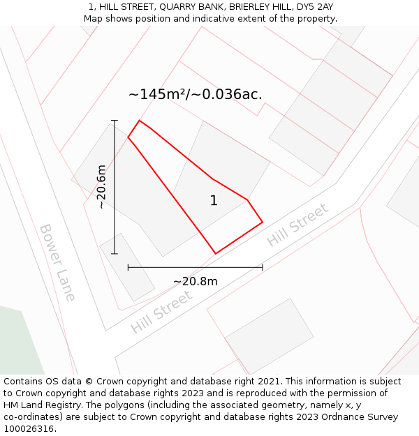 1, HILL STREET, QUARRY BANK, BRIERLEY HILL, DY5 2AY: Plot and title map