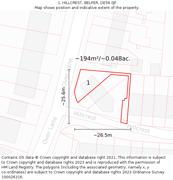 1, HILLCREST, BELPER, DE56 0JF: Plot and title map