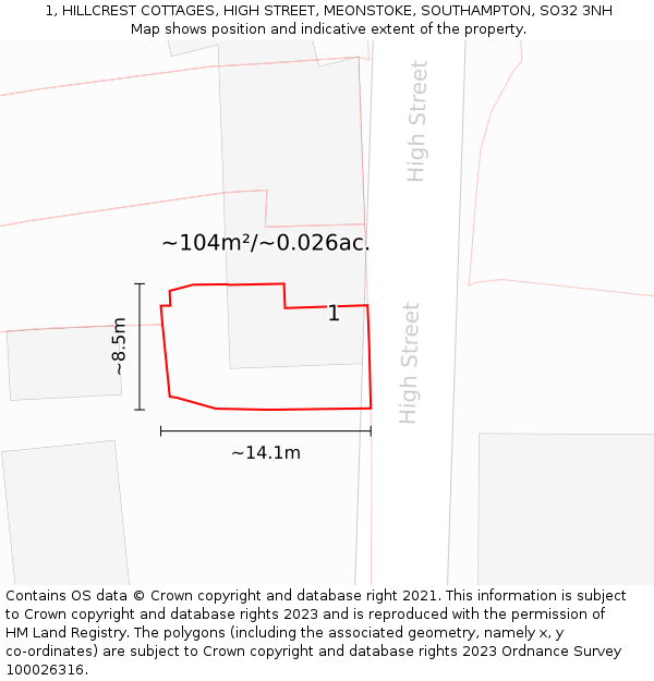 1, HILLCREST COTTAGES, HIGH STREET, MEONSTOKE, SOUTHAMPTON, SO32 3NH: Plot and title map