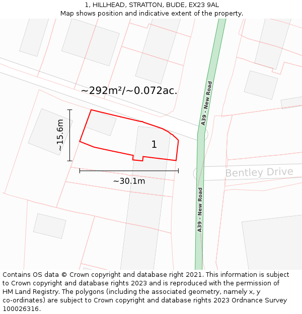 1, HILLHEAD, STRATTON, BUDE, EX23 9AL: Plot and title map