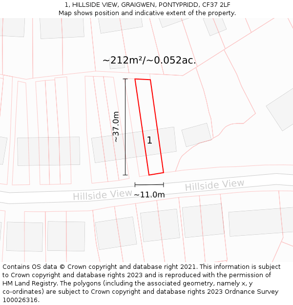 1, HILLSIDE VIEW, GRAIGWEN, PONTYPRIDD, CF37 2LF: Plot and title map