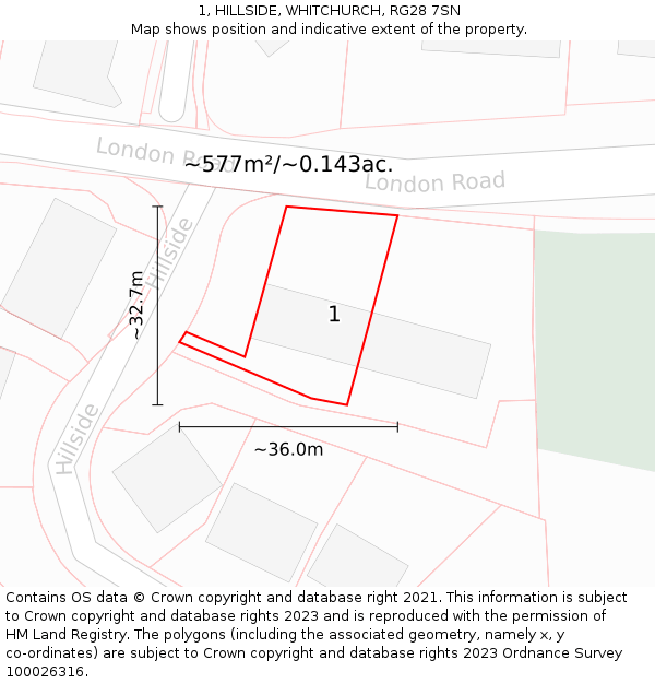 1, HILLSIDE, WHITCHURCH, RG28 7SN: Plot and title map