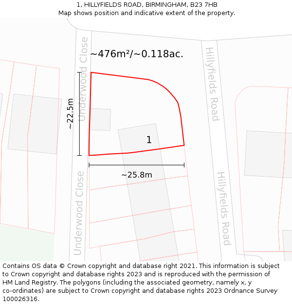 1, HILLYFIELDS ROAD, BIRMINGHAM, B23 7HB: Plot and title map