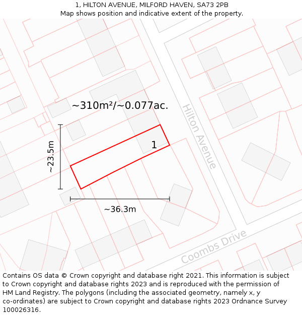 1, HILTON AVENUE, MILFORD HAVEN, SA73 2PB: Plot and title map