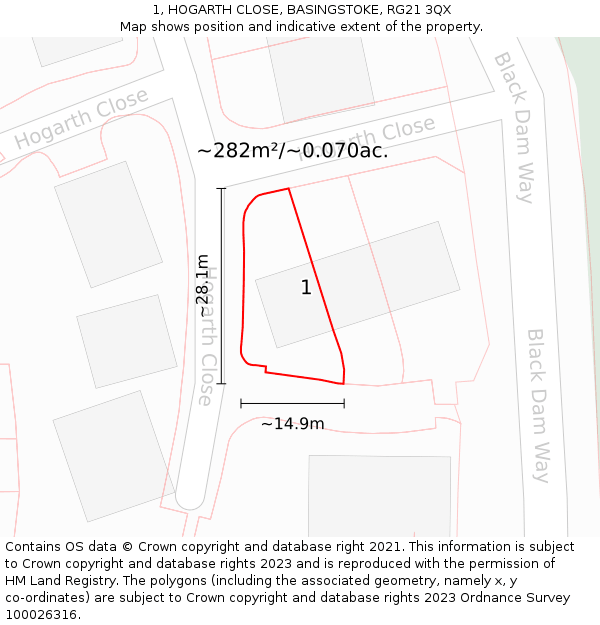 1, HOGARTH CLOSE, BASINGSTOKE, RG21 3QX: Plot and title map