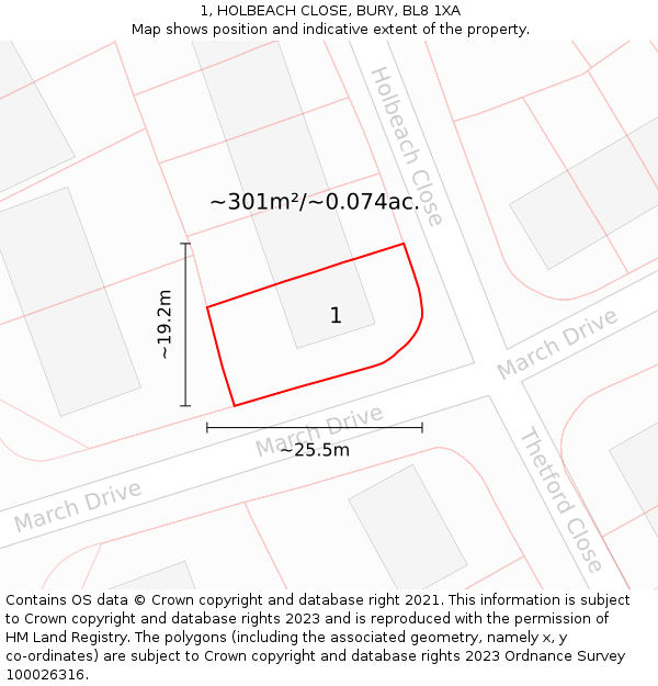 1, HOLBEACH CLOSE, BURY, BL8 1XA: Plot and title map