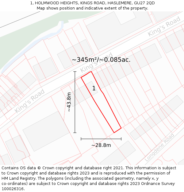 1, HOLMWOOD HEIGHTS, KINGS ROAD, HASLEMERE, GU27 2QD: Plot and title map