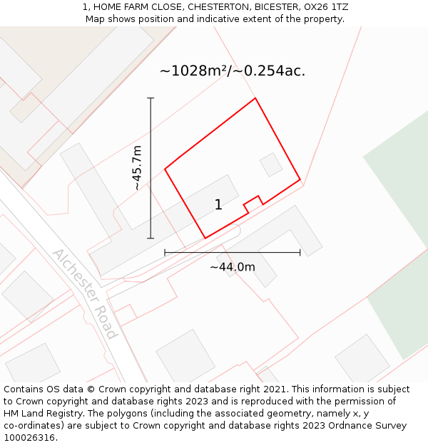 1, HOME FARM CLOSE, CHESTERTON, BICESTER, OX26 1TZ: Plot and title map