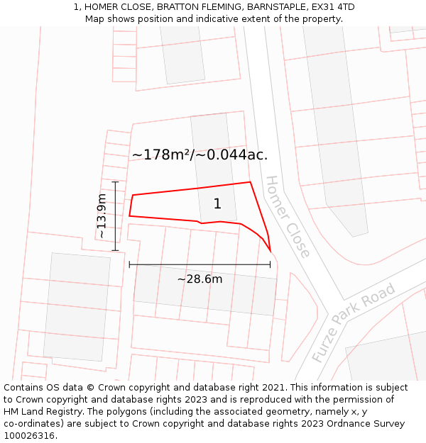 1, HOMER CLOSE, BRATTON FLEMING, BARNSTAPLE, EX31 4TD: Plot and title map