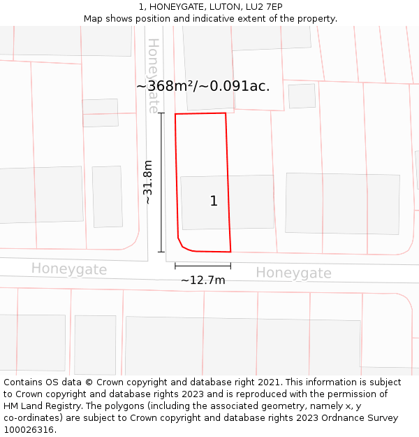 1, HONEYGATE, LUTON, LU2 7EP: Plot and title map