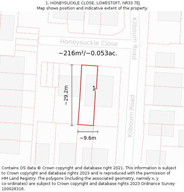 1, HONEYSUCKLE CLOSE, LOWESTOFT, NR33 7EJ: Plot and title map
