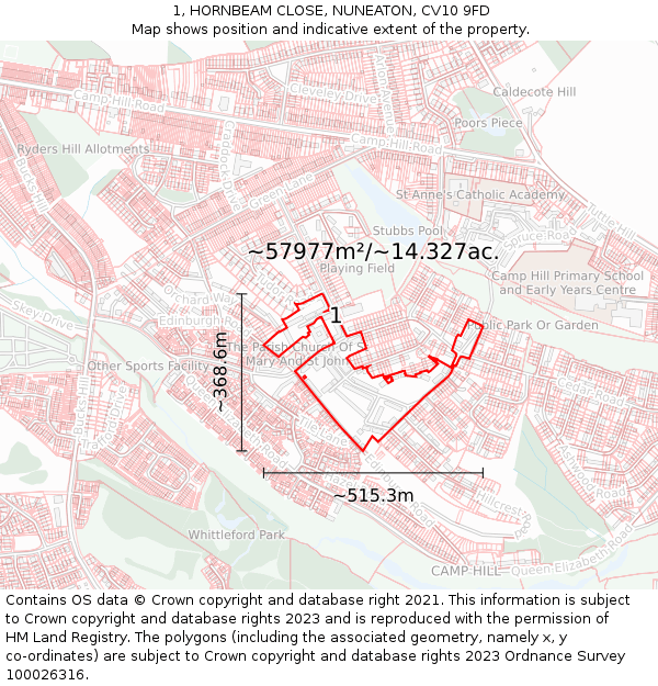 1, HORNBEAM CLOSE, NUNEATON, CV10 9FD: Plot and title map