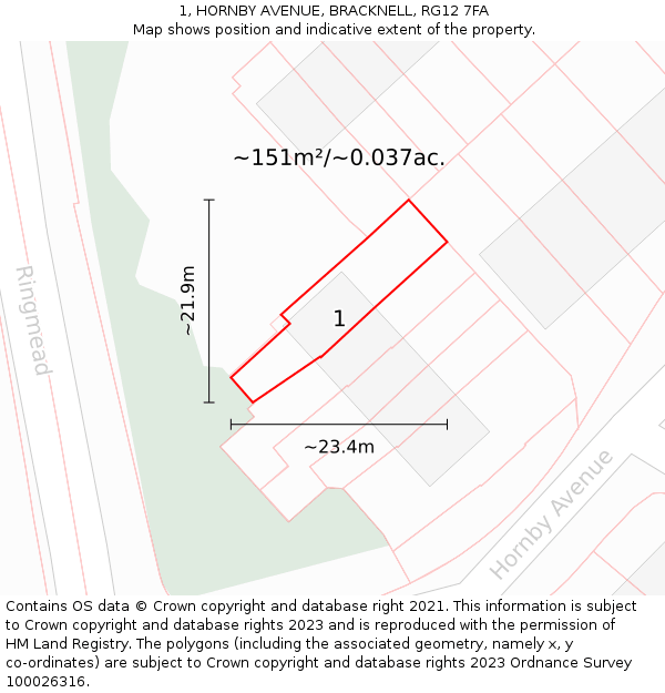 1, HORNBY AVENUE, BRACKNELL, RG12 7FA: Plot and title map