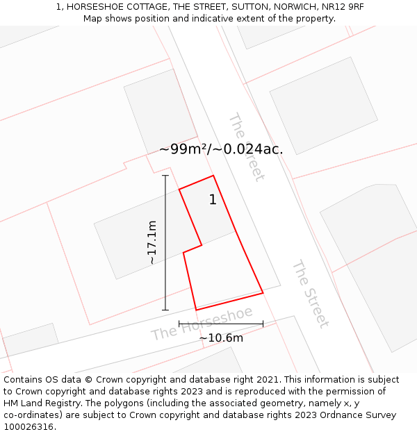 1, HORSESHOE COTTAGE, THE STREET, SUTTON, NORWICH, NR12 9RF: Plot and title map