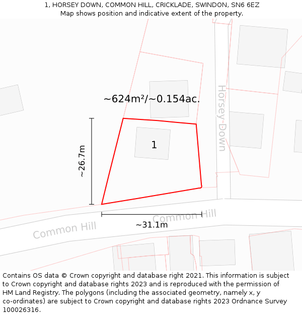 1, HORSEY DOWN, COMMON HILL, CRICKLADE, SWINDON, SN6 6EZ: Plot and title map