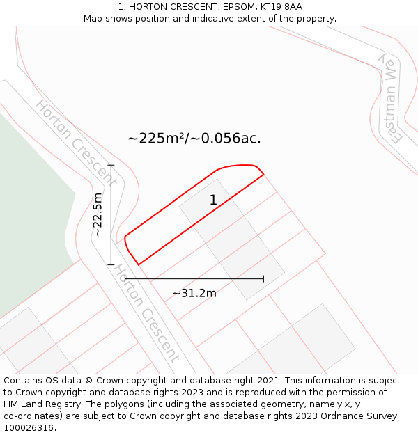 1, HORTON CRESCENT, EPSOM, KT19 8AA: Plot and title map