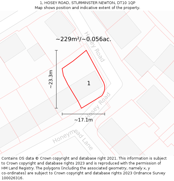 1, HOSEY ROAD, STURMINSTER NEWTON, DT10 1QP: Plot and title map