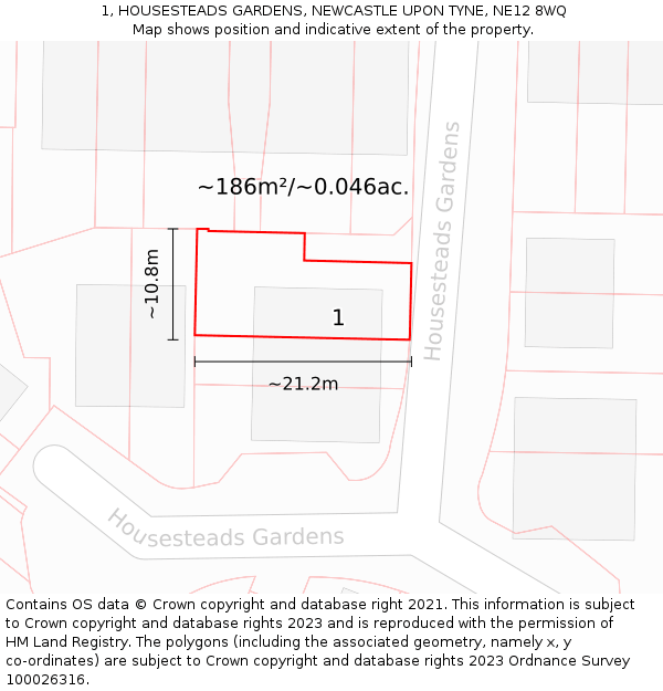 1, HOUSESTEADS GARDENS, NEWCASTLE UPON TYNE, NE12 8WQ: Plot and title map