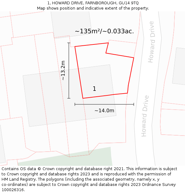 1, HOWARD DRIVE, FARNBOROUGH, GU14 9TQ: Plot and title map