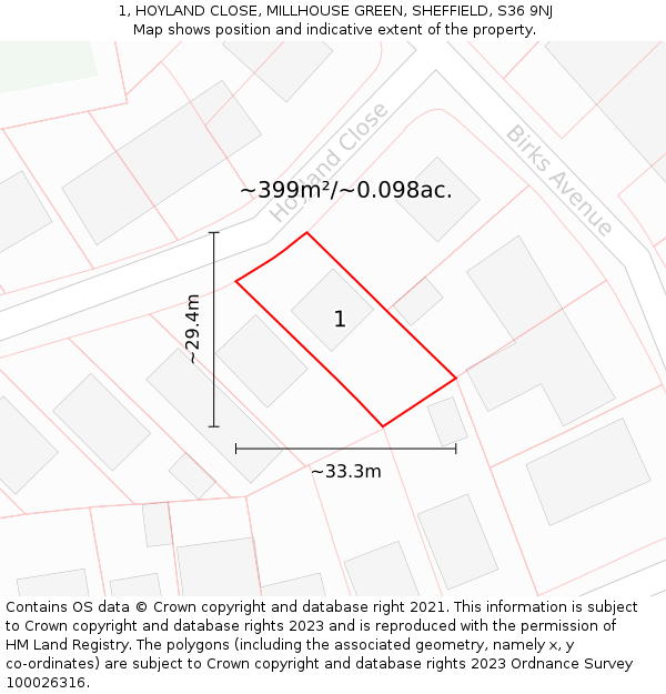 1, HOYLAND CLOSE, MILLHOUSE GREEN, SHEFFIELD, S36 9NJ: Plot and title map