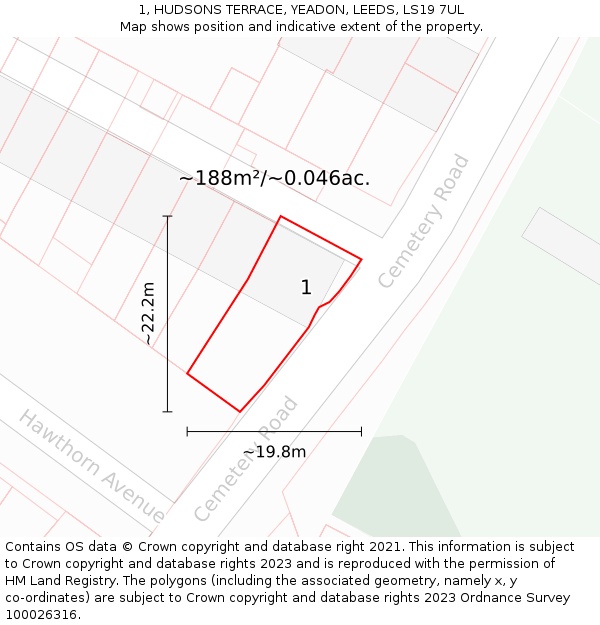 1, HUDSONS TERRACE, YEADON, LEEDS, LS19 7UL: Plot and title map