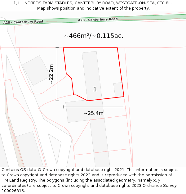 1, HUNDREDS FARM STABLES, CANTERBURY ROAD, WESTGATE-ON-SEA, CT8 8LU: Plot and title map