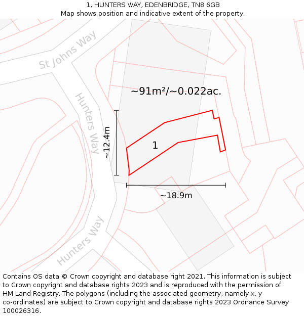 1, HUNTERS WAY, EDENBRIDGE, TN8 6GB: Plot and title map