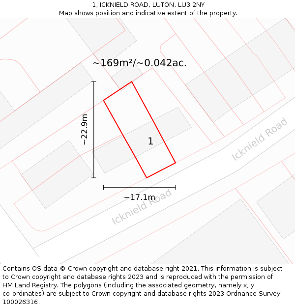 1, ICKNIELD ROAD, LUTON, LU3 2NY: Plot and title map