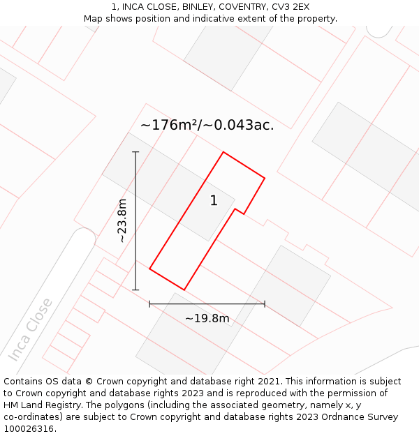1, INCA CLOSE, BINLEY, COVENTRY, CV3 2EX: Plot and title map