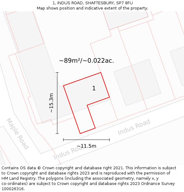 1, INDUS ROAD, SHAFTESBURY, SP7 8FU: Plot and title map
