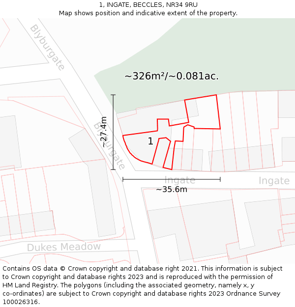 1, INGATE, BECCLES, NR34 9RU: Plot and title map