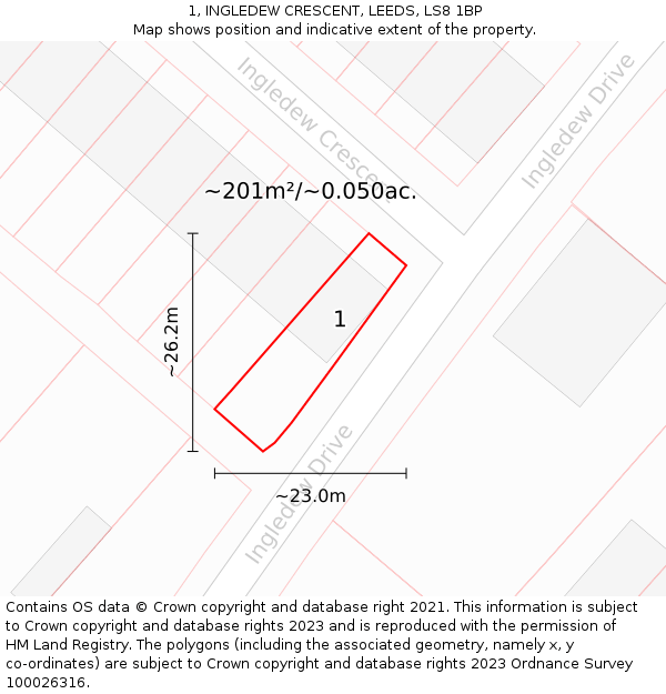 1, INGLEDEW CRESCENT, LEEDS, LS8 1BP: Plot and title map